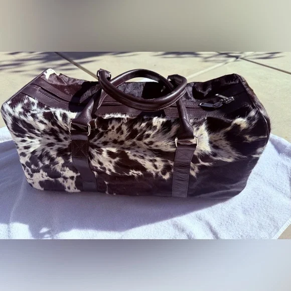 Genuine cowhide leather Duffel bag brown and cream hair on hide weekender